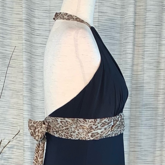 Phoebe Couture black and leopard print halter top A-line dress. - Picture 14 of 16